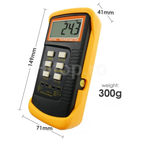 Termometru cu două canale cu termocupluri tip K și interval -50 ~ 1300 °C