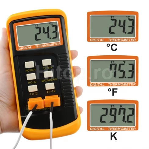 Termometru cu două canale cu termocupluri tip K și interval -50 ~ 1300 °C