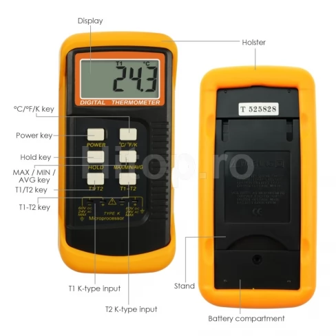 Termometru cu două canale cu termocupluri tip K și interval -50 ~ 1300 °C