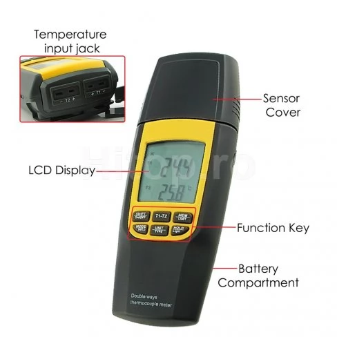 Termometru digital cu termocuplu de tip K sau J cu 4 sonde și afișaj LCD mare