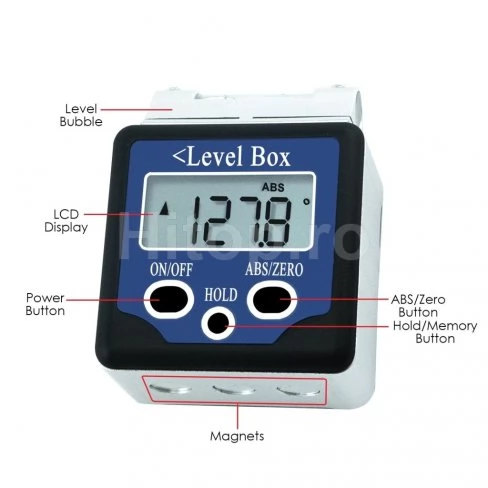Înclinometru digital cu nivel cu bulă de aer, domeniu larg de măsurare ± 180° (0 ~ 360°)