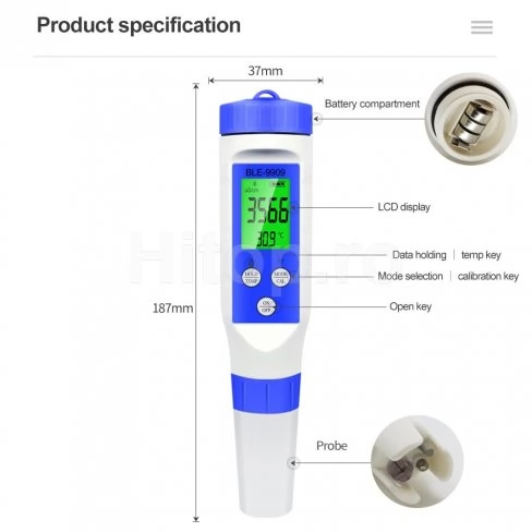 Tester de pH, TDS, EC, salinitate și temperatură, bluetooth
