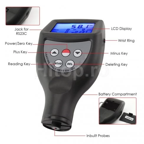Tester de grosime pentru vopsele și suprafețe cu sonde F/NF, înregistrare date, 0-1250 μm