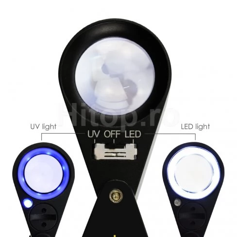Lupa pentru bijuterii cu mărire de 20x, lumină LED și UV