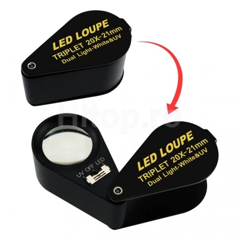 Lupa pentru bijuterii cu mărire de 20x, lumină LED și UV