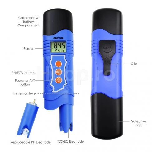 Tester 3 în 1 pentru pH, temperatură și EC (conductivitate electrică)