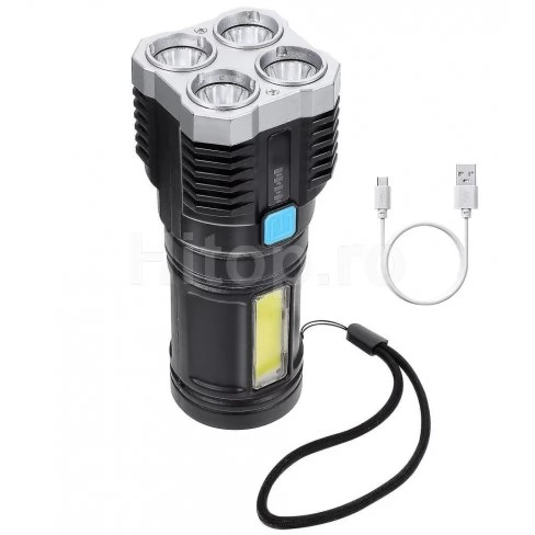 Lanternă LED puternică și lumină laterală COB, baterie reîncărcabilă