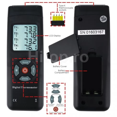 Termometru digital cu 4 canale cu termocupluri de tip K