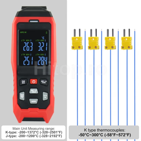 Termometru cu 4 canale cu termocupluri tip K și interval -200 ~ 1372 °C, înregistrator de date în timp real