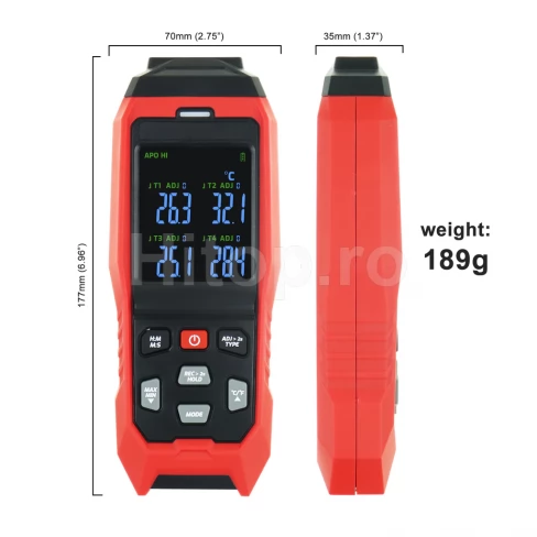 Termometru cu 4 canale cu termocupluri tip K și interval -200 ~ 1372 °C, înregistrator de date în timp real