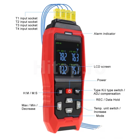 Termometru cu 4 canale cu termocupluri tip K și interval -200 ~ 1372 °C, înregistrator de date în timp real
