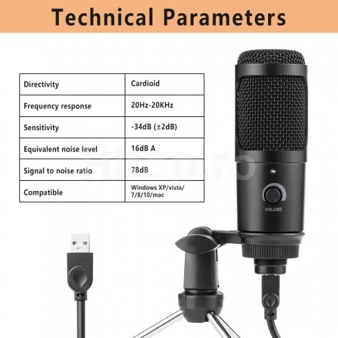 Microfon condensator usb pentru Youtube, TikTok, streaming, karaoke și înregistrare în studio