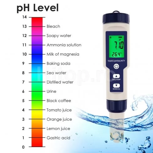 Verificator 5 în 1 al calității apei pentru pH, TDS, EC, salinitate, temperatură