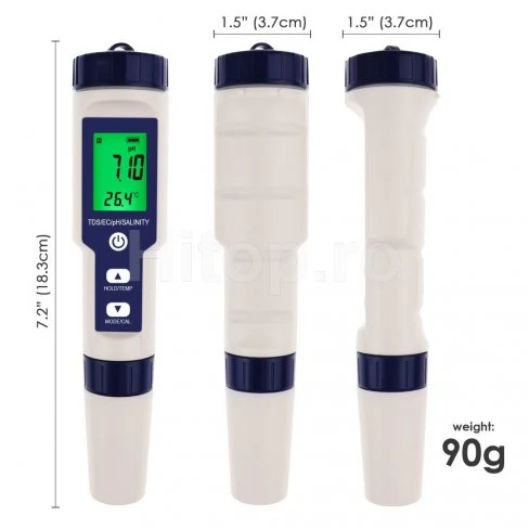 Verificator 5 în 1 al calității apei pentru pH, TDS, EC, salinitate, temperatură