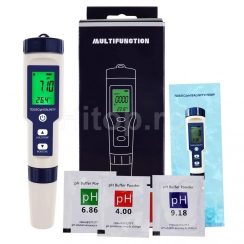 Verificator 5 în 1 al calității apei pentru pH, TDS, EC, salinitate, temperatură