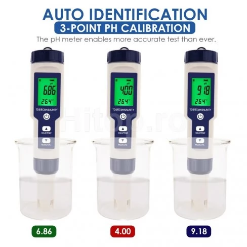 Verificator 5 în 1 al calității apei pentru pH, TDS, EC, salinitate, temperatură