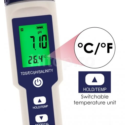 Verificator 5 în 1 al calității apei pentru pH, TDS, EC, salinitate, temperatură