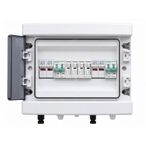 Tablou electric fotovoltaic echipat pentru 2 stringuri / 2 ieșiri, cu protecție la trăsnet – 2IN2OUT