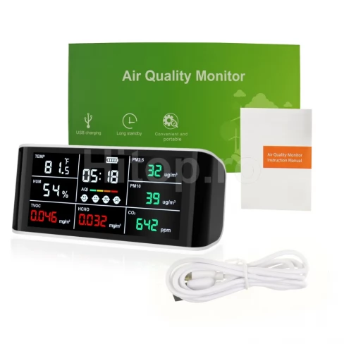 Monitor pentru CO2, formaldehidă (HCHO), (TVOC), indice AQI, PM2.5, PM10, umiditate și temperatură