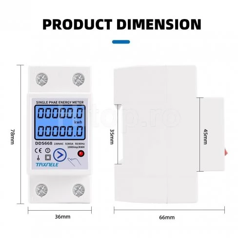 Contor de putere monofazat 80A, tarif unic, KW/h, V, A, frecvență, factor de putere, W
