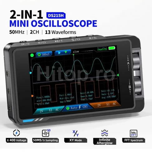 Osciloscop portabil FNIRSI DS215H Plus cu 2 canale și generator de semnal