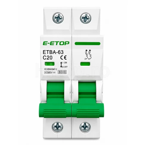 Întrerupător automat, MCB, DC 500V, 20A pentru sisteme fotovoltaice ETBA-63-20A