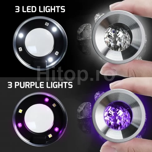 Lupă cu mărire de 10x, scală de măsurare, lumină LED albă și violetă