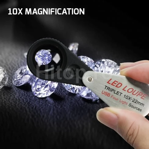 Lupă LED profesională reîncărcabilă cu mărire de 10X, lentilă triplă și 4 moduri de iluminare