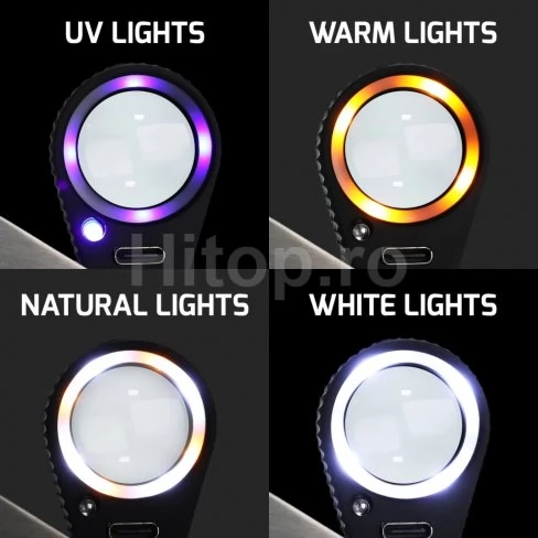 Lupă LED profesională reîncărcabilă cu mărire de 10X, lentilă triplă și 4 moduri de iluminare