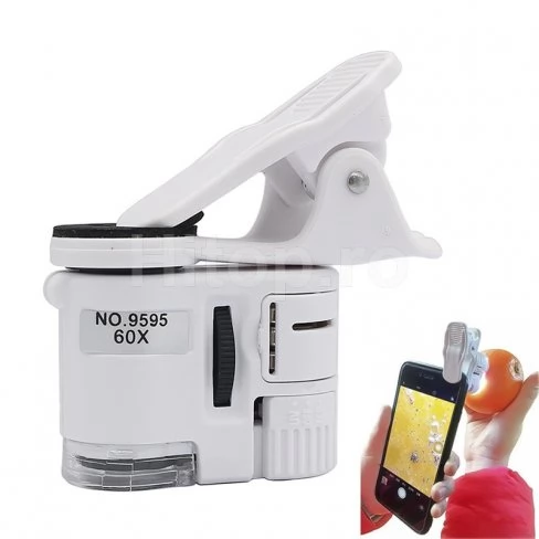 Microscop universal 60X pentru telefoane inteligente cu LED alb și lumină UV