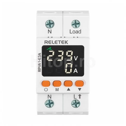Releu de protecție tensiune și curent Reletek RPVA1-63A, monofazat, 63A, afișaj digital, montaj DIN Releu de protecție tensiune și curent Reletek RPVA1-63A, monofazat, 63A, afișaj digital, montaj DIN
