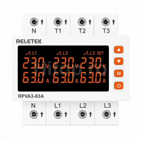 Modul de protecție trifazat Reletek RPVA3-63A, releu tensiune și curent 3P+N 63A Modul de protecție trifazat Reletek RPVA3-63A, releu tensiune și curent 3P+N 63A