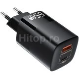 Încărcător de telefon rapid GaN, 65W, 1x USB-A, 1x USB-C