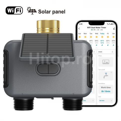 Controler solar WiFi pentru irigații cu 2 zone independente, baterie de 2000 mAh, USB-C, IPX6
