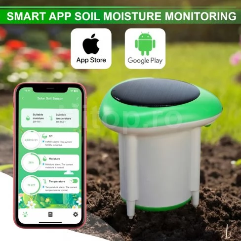 Senzor inteligent de sol cu ​​Wi-Fi, care măsoară umiditatea, temperatura și conductivitatea electrică