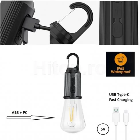 Lampă de camping LED reîncărcabilă, formă vintage, lumină galbenă caldă