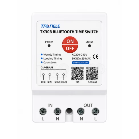 Temporizator inteligent Bluetooth 30A 4000W pentru șină DIN, control din aplicație – Taxnele TX30B
