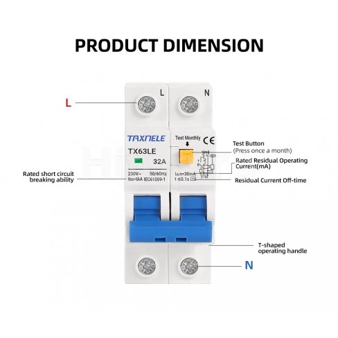 Protecție la curent de defect 2P, 63A, 30mA cu protecție la suprasarcină și scurtcircuit