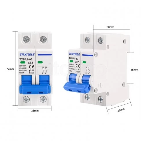 Întrerupător automat MCB 63A, 2P, AC 230/400V – Taxnele TXBA1-63