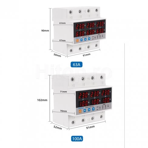 Releu trifazat 63A protecție asincronă sincronă prin tensiune și curent, montare pe șină DIN de 35 mm