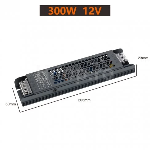 Sursă de alimentare pentru bandă LED 12VDC, 300W, 25A, carcasă metalică subțire