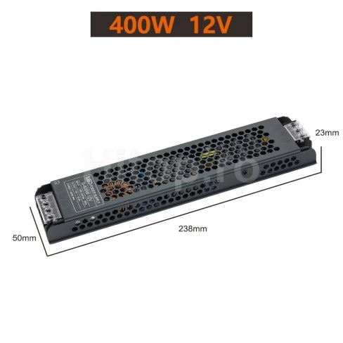 Sursă de alimentare pentru bandă LED 12VDC, 400W, 33.3A, carcasă metalică subțire