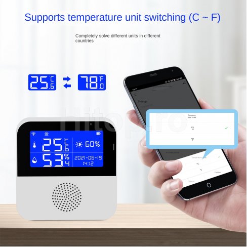 Termometru și higrometru de cameră WiFi + sondă de temperatură exterioară Termometru și higrometru de cameră WiFi + sondă de temperatură exterioară