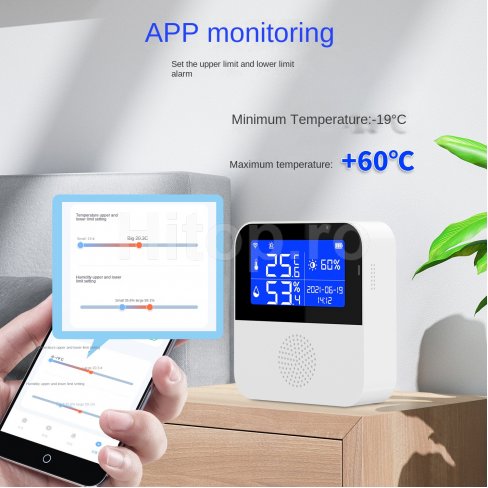 Termometru și higrometru de cameră WiFi + sondă de temperatură exterioară Termometru și higrometru de cameră WiFi + sondă de temperatură exterioară