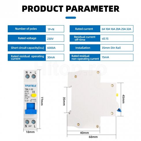Protecție la curent de defect 1P+N, 20A, 30mA cu protecție la suprasarcină și scurtcircuit Protecție la curent de defect 1P+N, 20A, 30mA cu protecție la suprasarcină și scurtcircuit