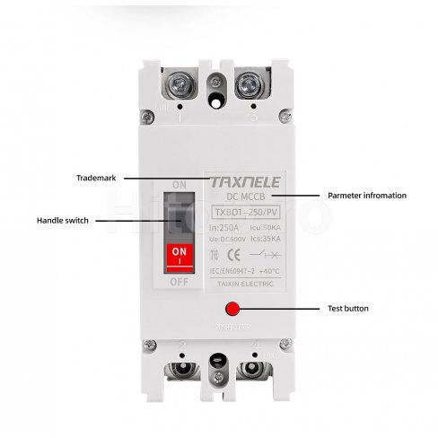 Întrerupător MCCB protecție la suprasarcină și scurtcircuit pentru sisteme fotovoltaice 250A DC600 Întrerupător MCCB protecție la suprasarcină și scurtcircuit pentru sisteme fotovoltaice 250A DC600