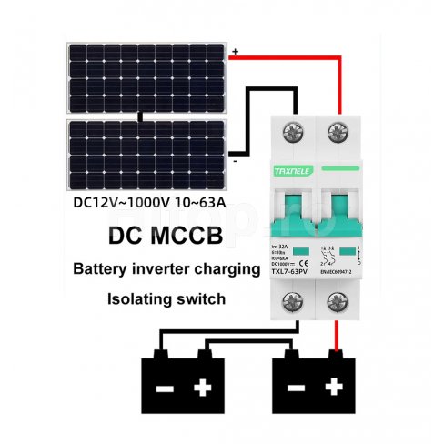Întrerupător automat DC pentru sisteme fotovoltaice, 25A, 12–1000V DC – Taxnele TXL7-25PV Taxnele TXL7-25PV întrerupător automat DC fotovoltaic 25A 1000V